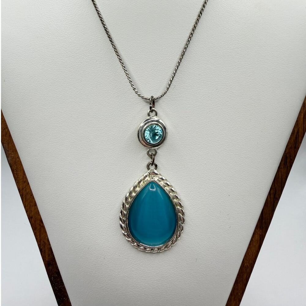 Silver‑Tone Blue Double‑Pendant Necklace – Stone Look (10" Drop + Ext.)